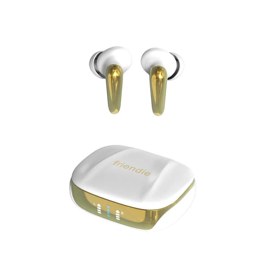 Pearl white and gold AIR Focus wireless earbuds resting beside their matching protective charging case