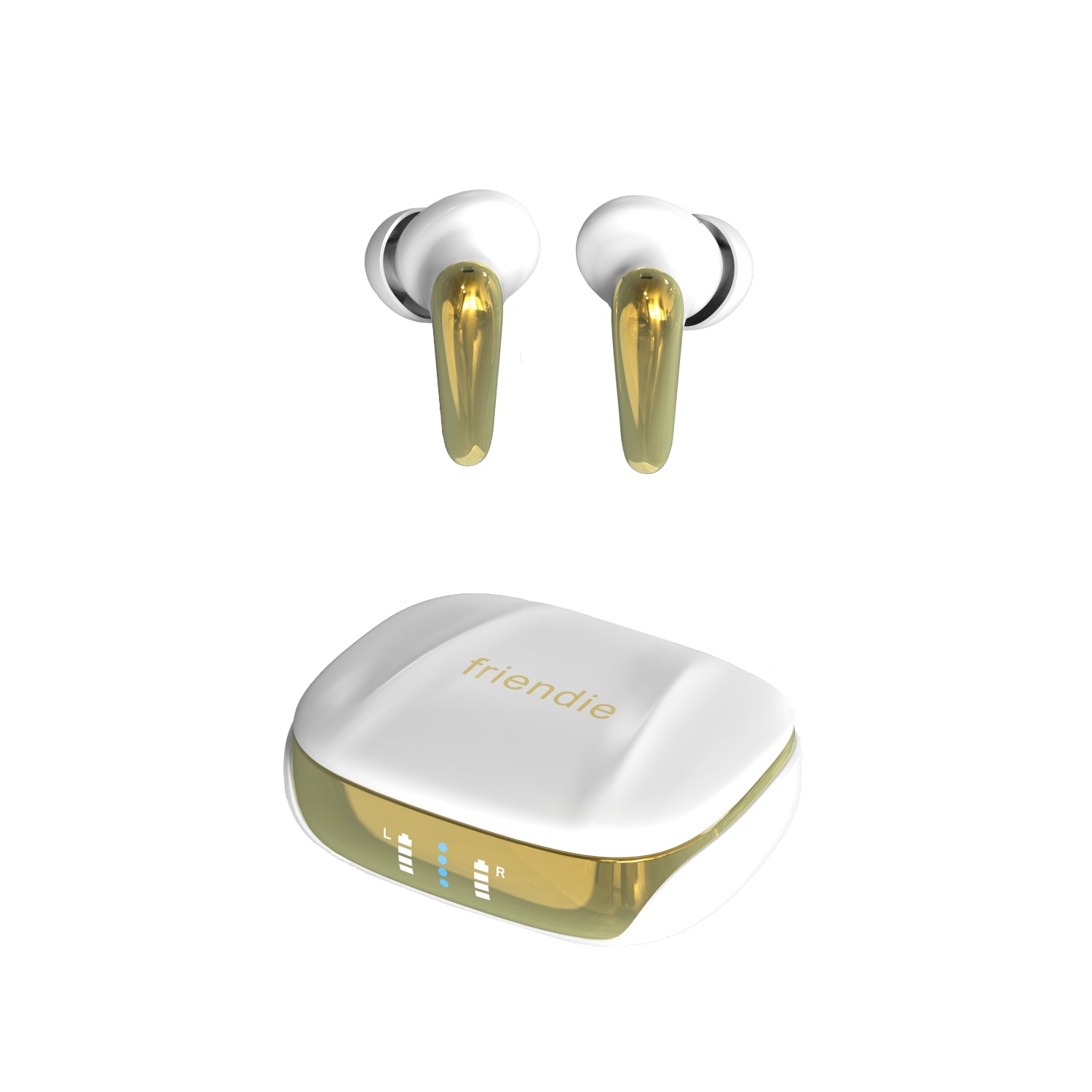 Pearl white and gold AIR Focus wireless earbuds resting beside their matching protective charging case