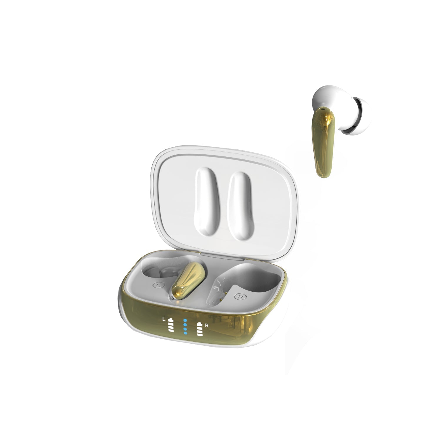 Pearl white and gold AIR Focus wireless earbuds resting beside their matching protective charging case — view 2