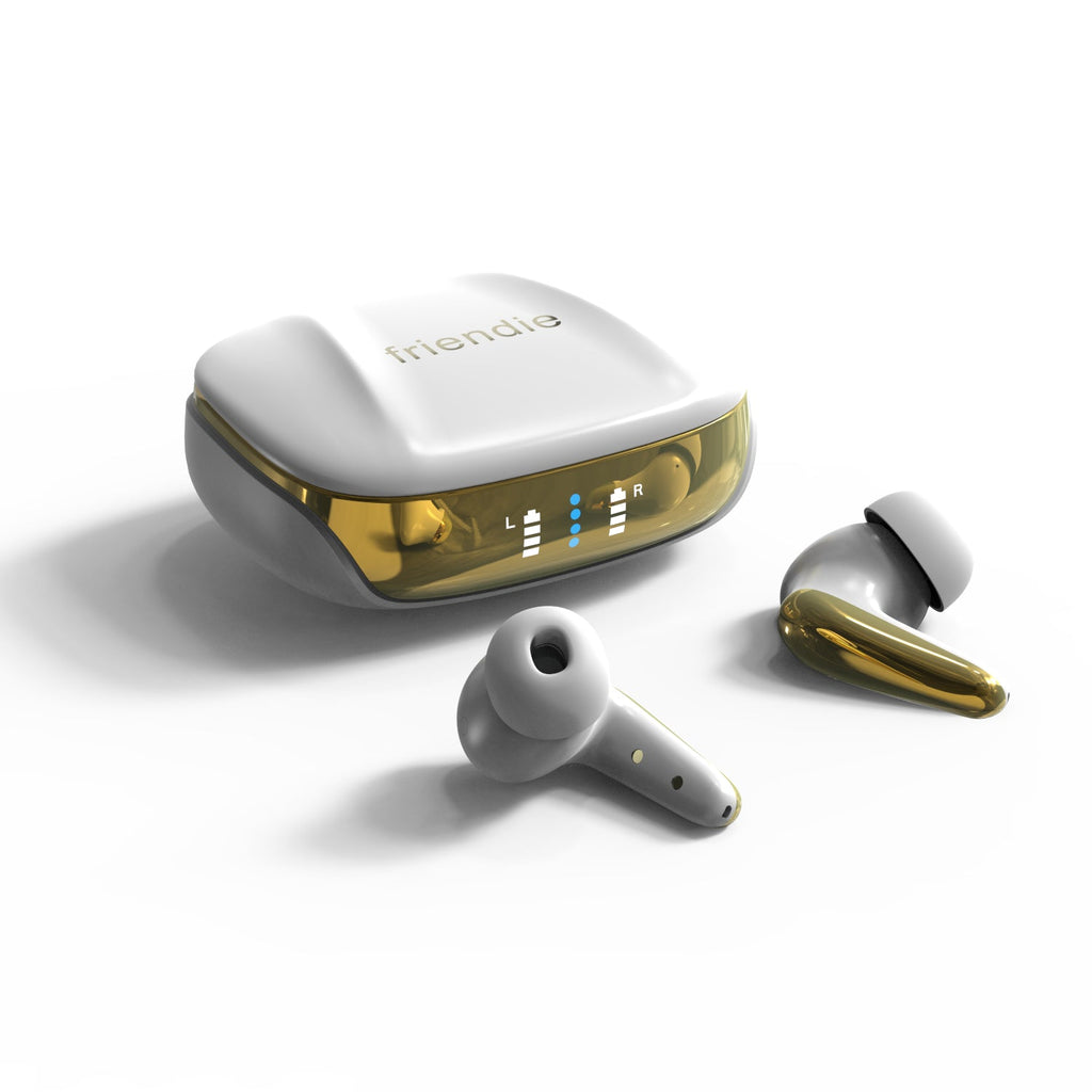 Pearl white and gold AIR Focus wireless earbuds resting beside their matching protective charging case — view 5