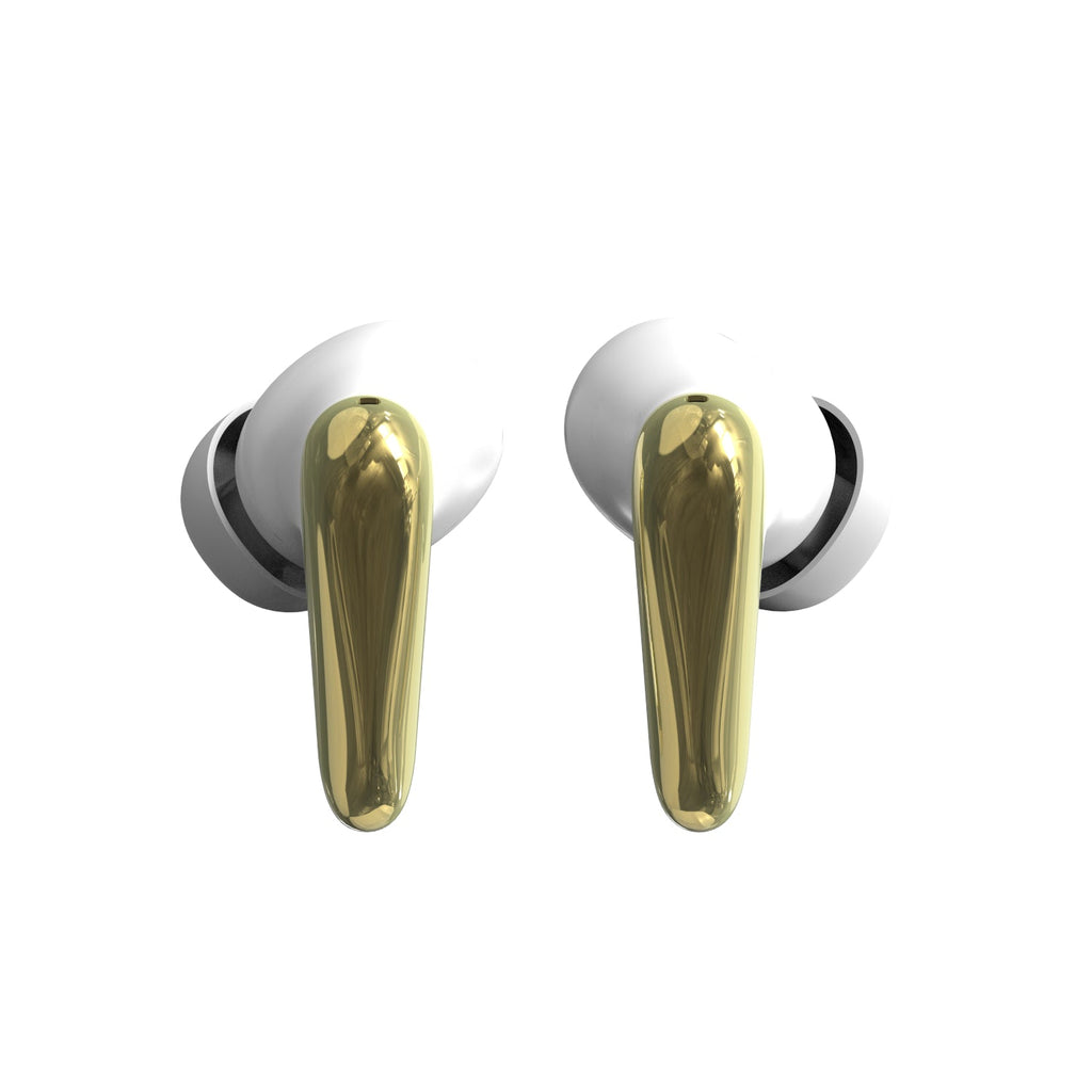 Pearl white and gold AIR Focus wireless earbuds resting beside their matching protective charging case — view 3