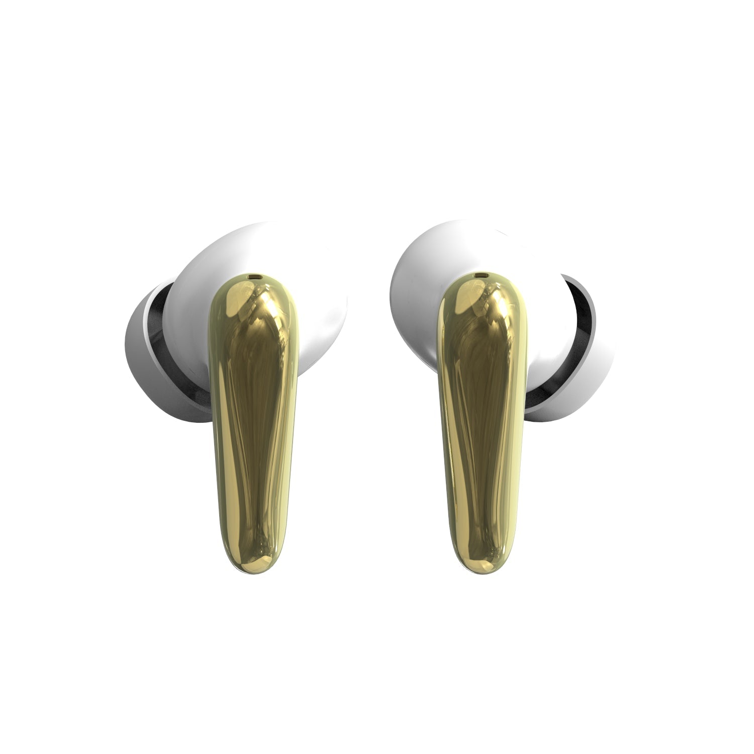 Pearl white and gold AIR Focus wireless earbuds resting beside their matching protective charging case — view 3