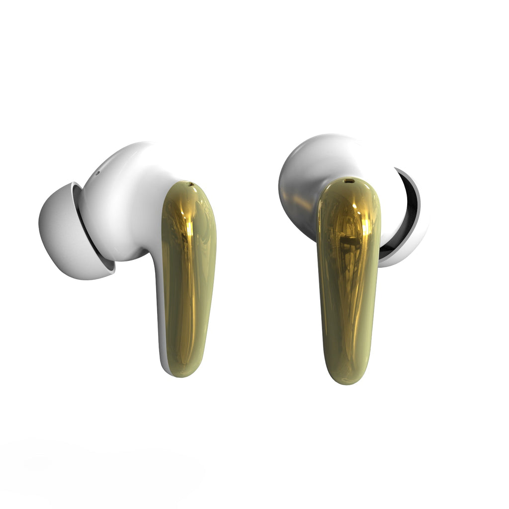 Pearl white and gold AIR Focus wireless earbuds resting beside their matching protective charging case — view 4