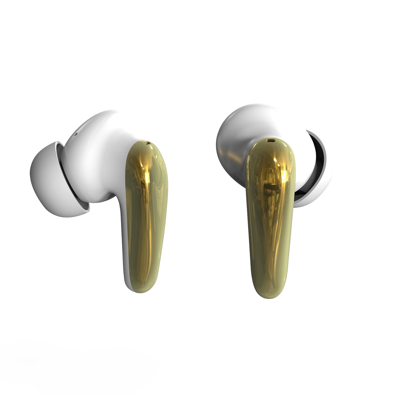 Pearl white and gold AIR Focus wireless earbuds resting beside their matching protective charging case — view 4