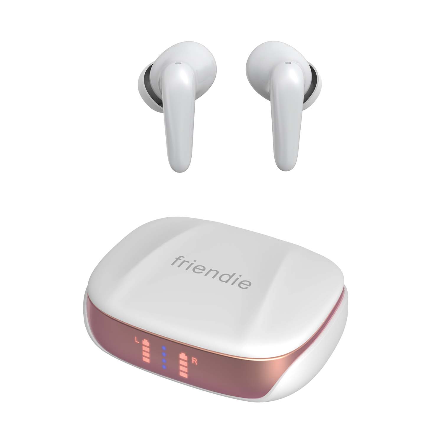 Pearl white and rose gold wireless active noise cancelling earbuds resting in their portable charging case.