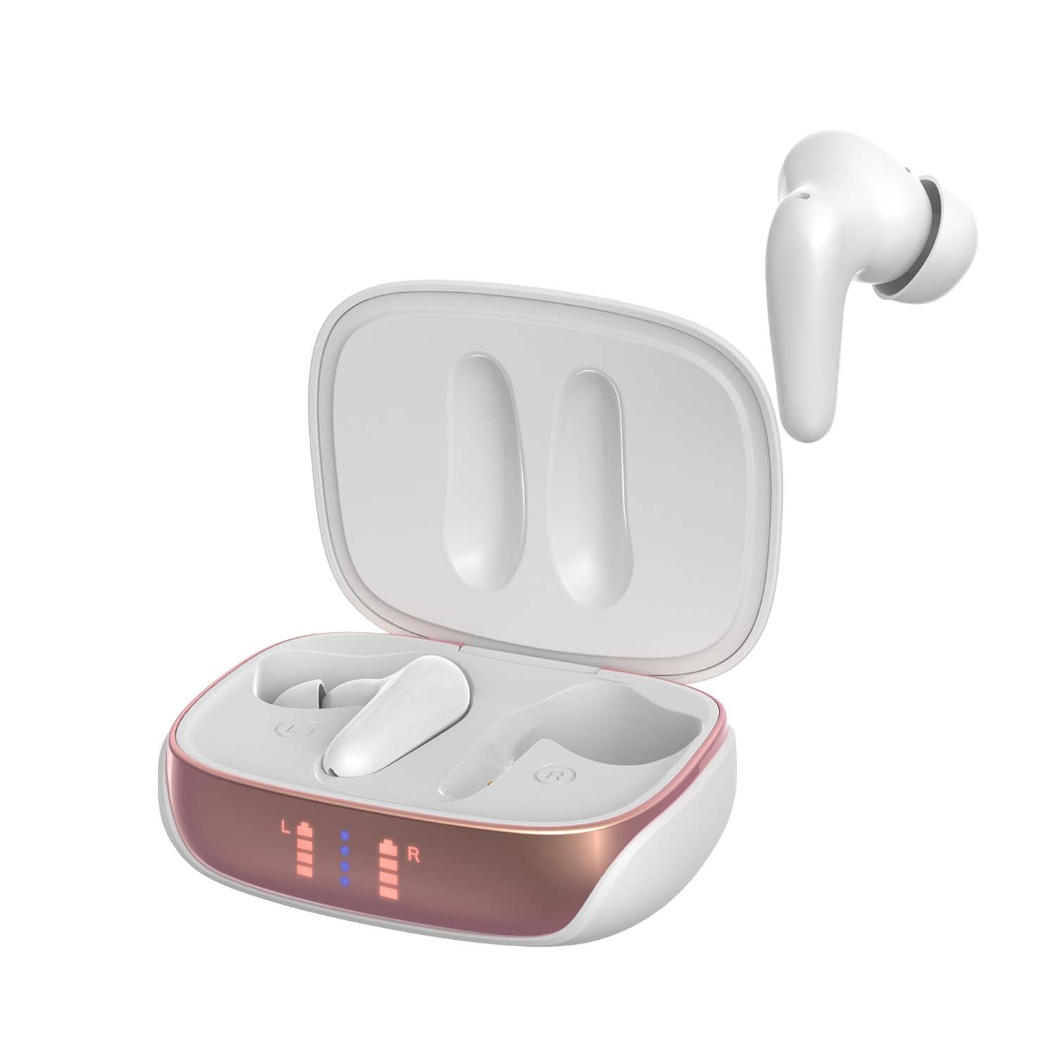 Pearl white and rose gold wireless active noise cancelling earbuds resting in their portable charging case. — view 2