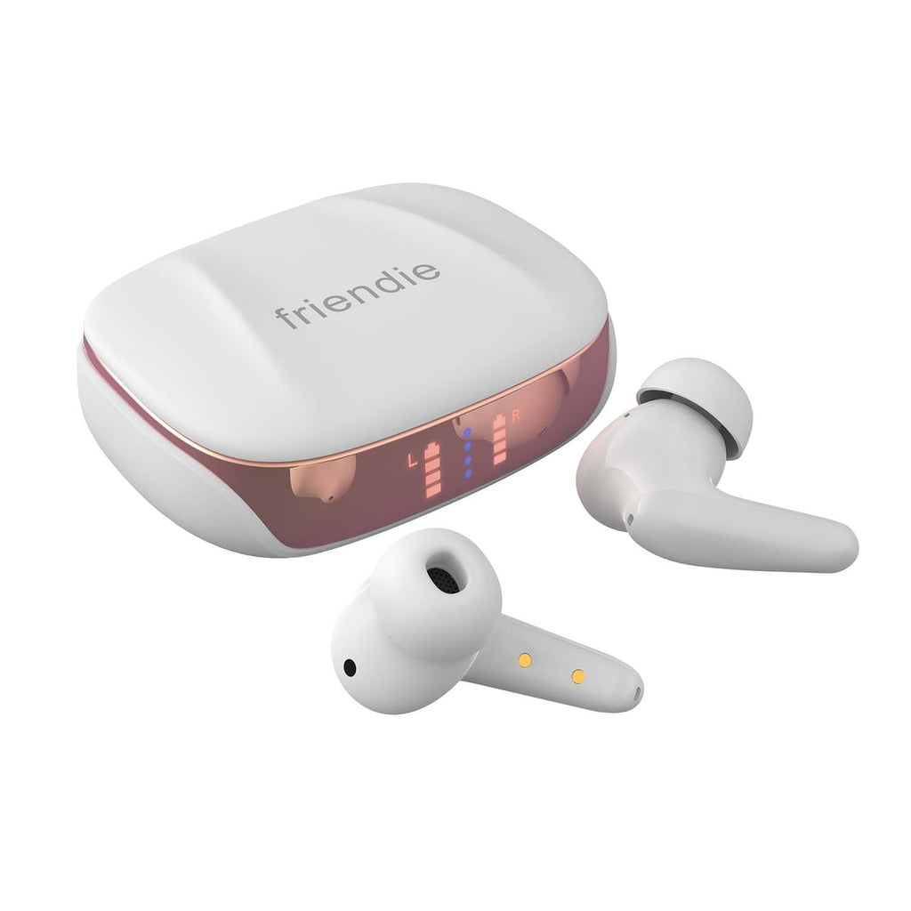 Pearl white and rose gold wireless active noise cancelling earbuds resting in their portable charging case. — view 3