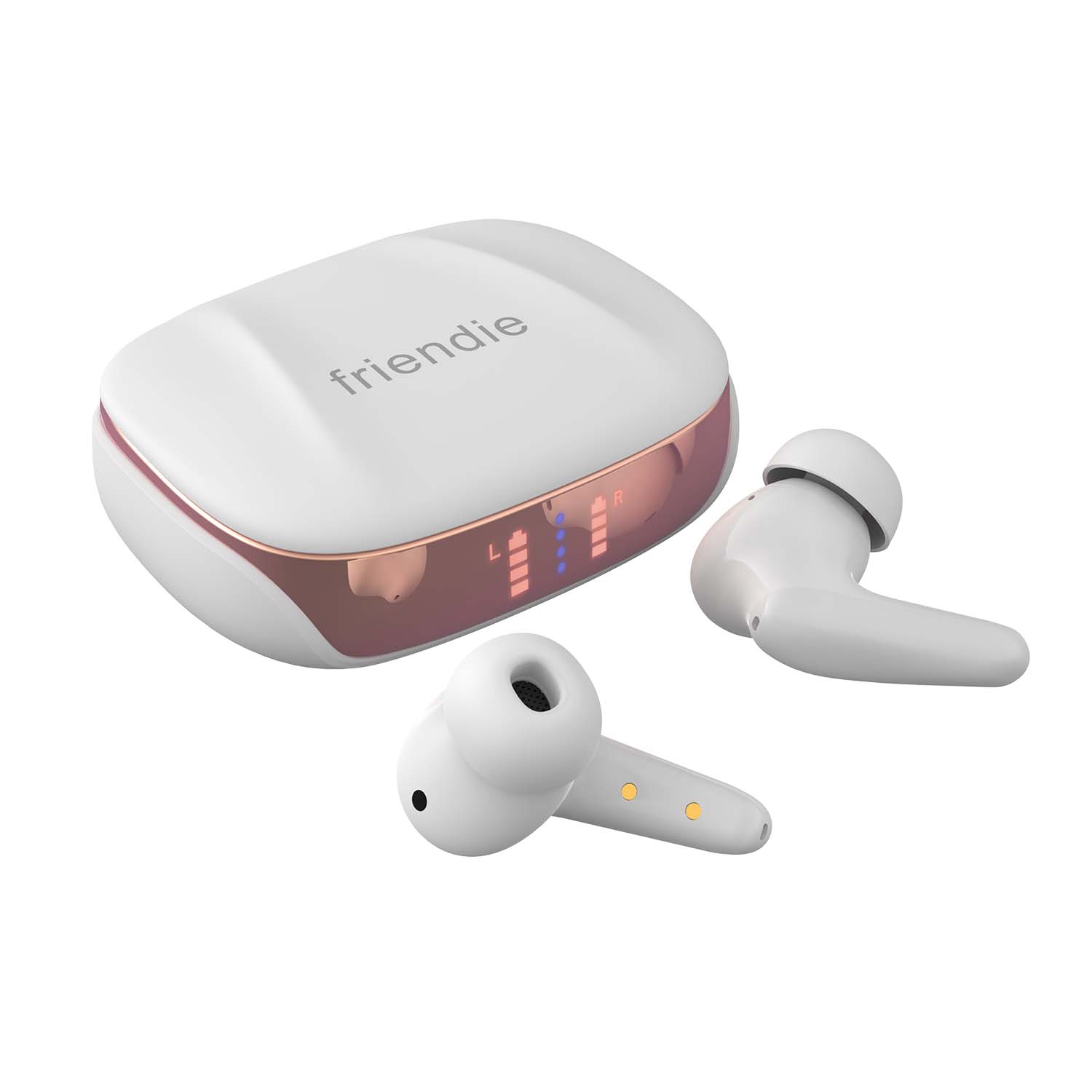 Pearl white and rose gold wireless active noise cancelling earbuds resting in their portable charging case. — view 3