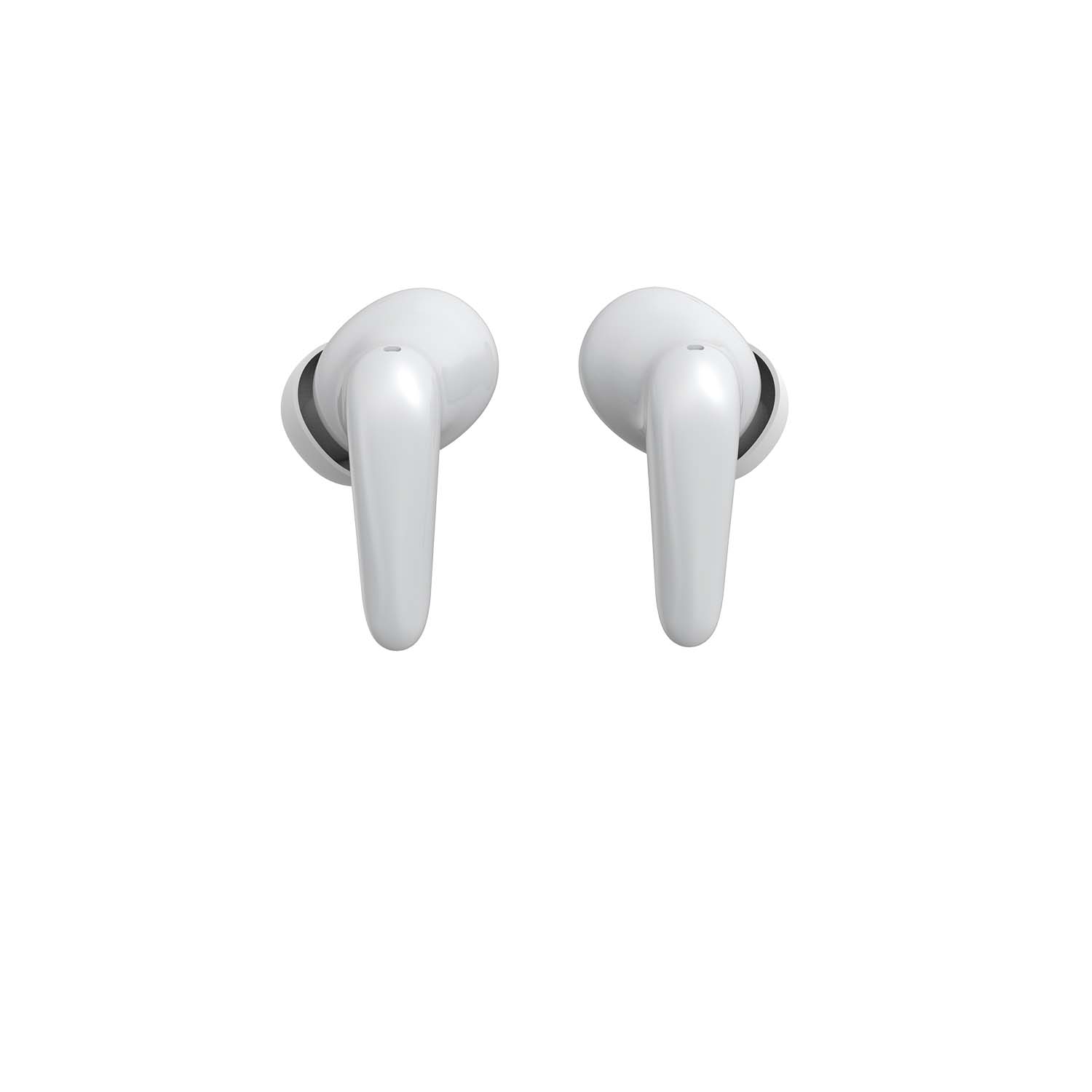 Pearl white and rose gold wireless active noise cancelling earbuds resting in their portable charging case. — view 4