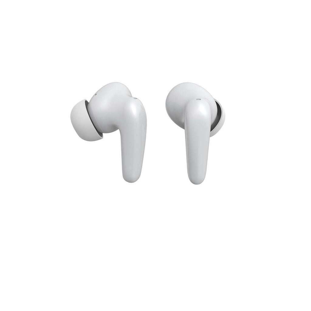 Pearl white and rose gold wireless active noise cancelling earbuds resting in their portable charging case. — view 5