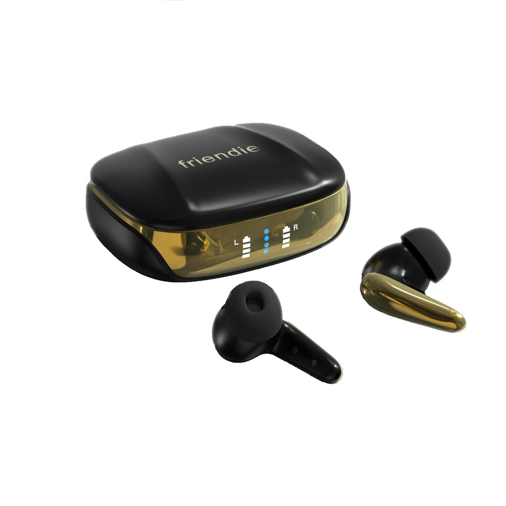 Matte black and gold active noise cancelling wireless earbuds with protective charging case — view 4
