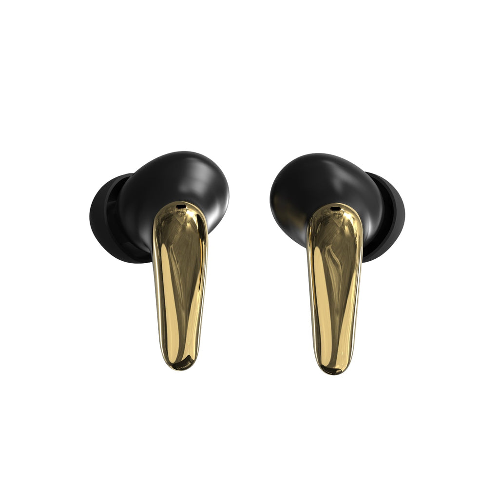 Matte black and gold active noise cancelling wireless earbuds with protective charging case — view 3