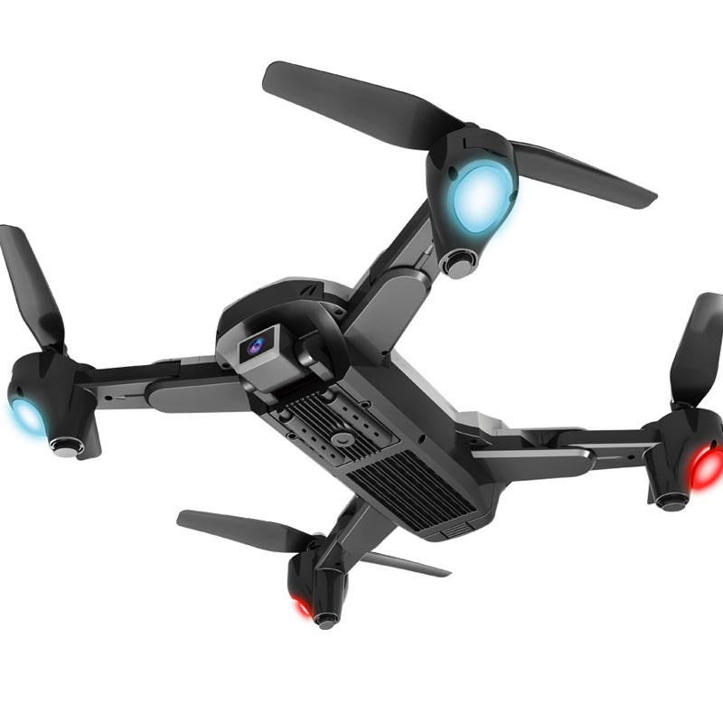Foldable 4K dual-lens aerial drone in black ABS material with remote control transmitter and accessories