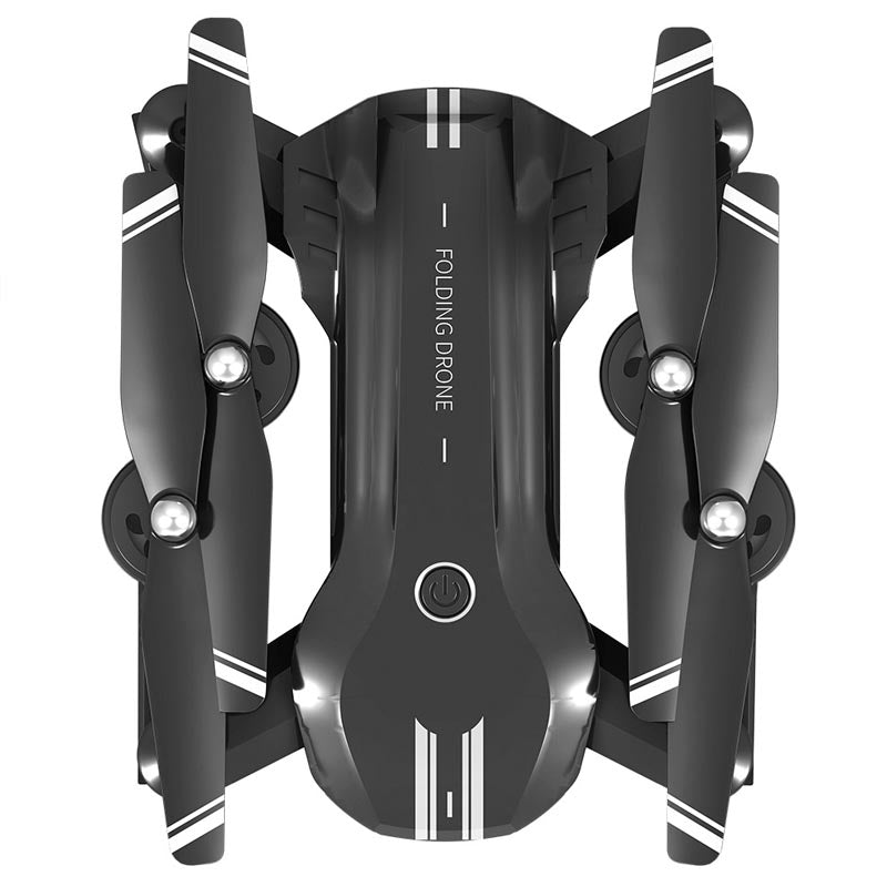 Foldable 4K dual-lens aerial drone in black ABS material with remote control transmitter and accessories — view 2