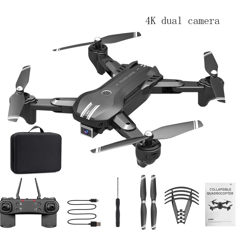 Foldable 4K dual-lens aerial drone in black ABS material with remote control transmitter and accessories — view 5