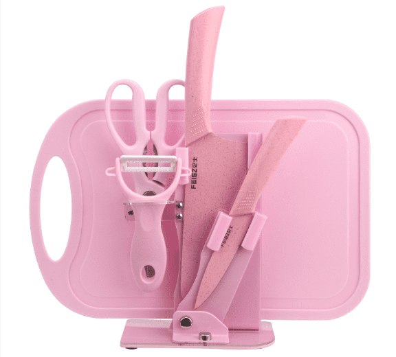 Foldable kitchen tool set with integrated cutting board, stainless steel knives, and scissors in compact design