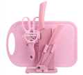 Foldable kitchen tool set with integrated cutting board, stainless steel knives, and scissors in compact design