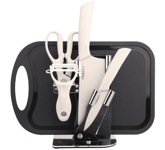 Foldable kitchen tool set with integrated cutting board, stainless steel knives, and scissors in compact design — view 2