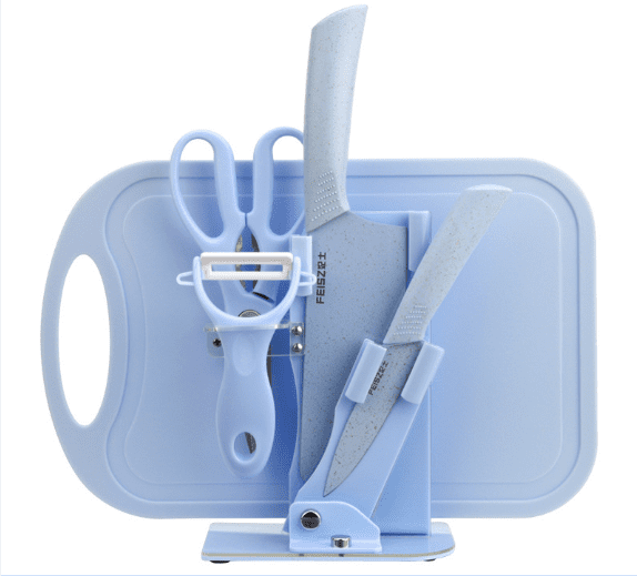 Foldable kitchen tool set with integrated cutting board, stainless steel knives, and scissors in compact design — view 4