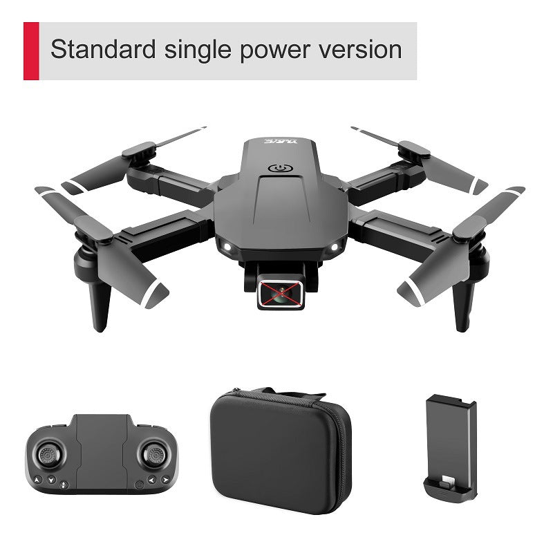 Foldable mini quadcopter drone in black plastic with dual 4K camera and remote controller
