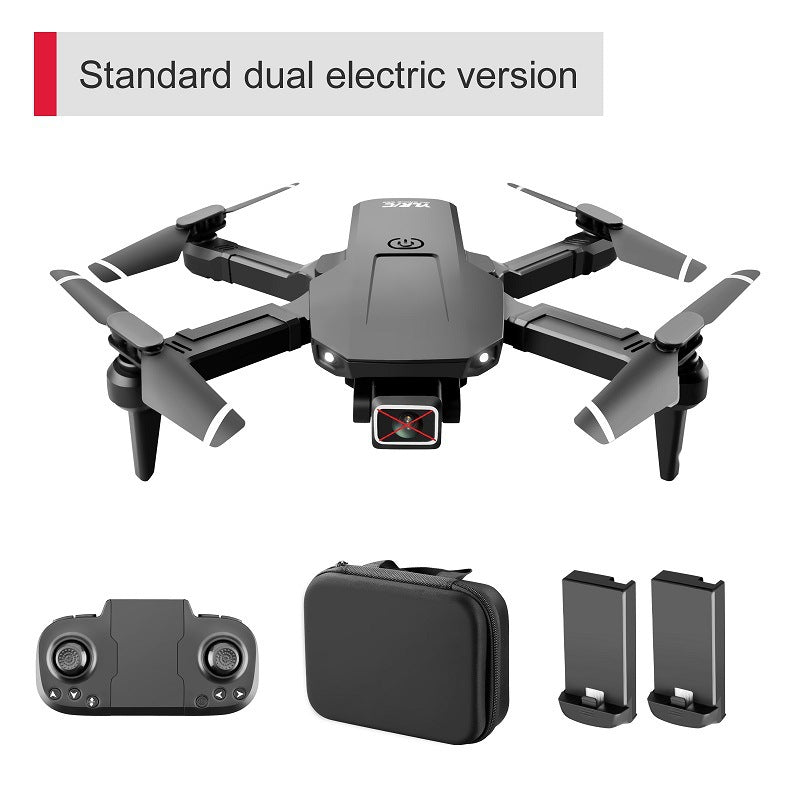 Foldable mini quadcopter drone in black plastic with dual 4K camera and remote controller — view 2