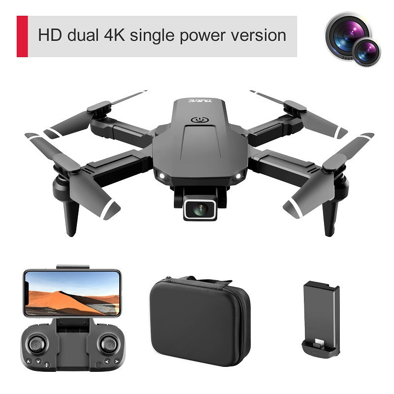 Foldable mini quadcopter drone in black plastic with dual 4K camera and remote controller — view 5