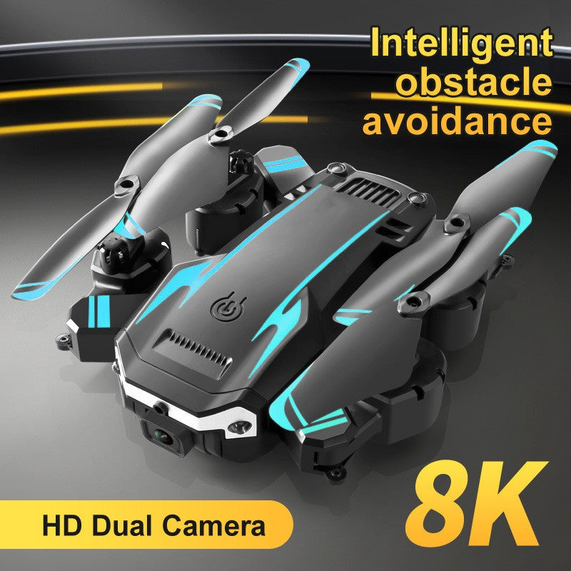 Black folding 8K dual camera drone with remote control handle and obstacle avoidance sensors
