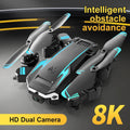 Black folding 8K dual camera drone with remote control handle and obstacle avoidance sensors
