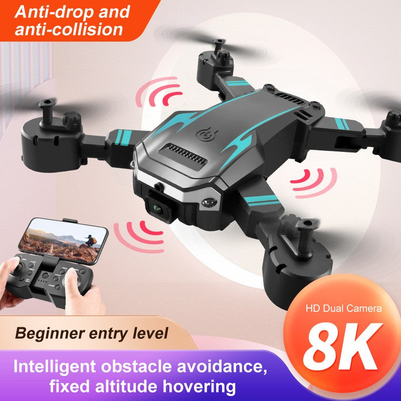 Black folding 8K dual camera drone with remote control handle and obstacle avoidance sensors — view 2