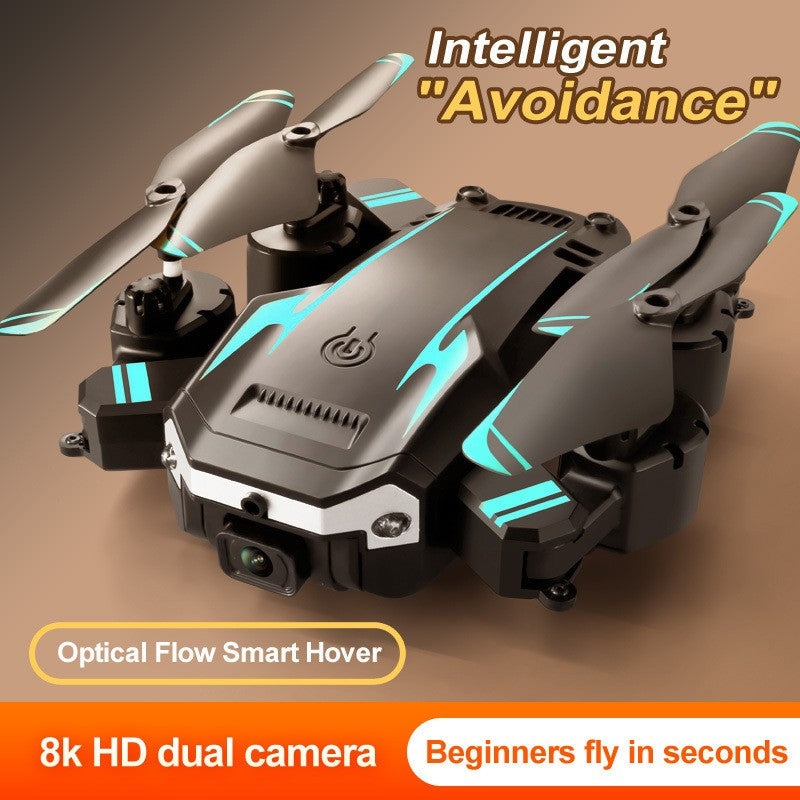 Black folding 8K dual camera drone with remote control handle and obstacle avoidance sensors — view 3