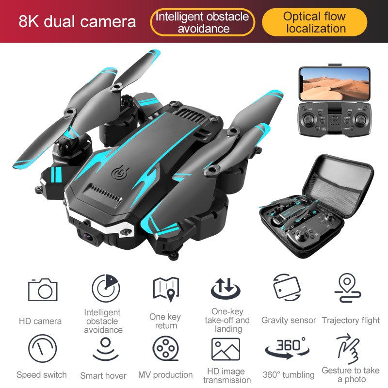 Black folding 8K dual camera drone with remote control handle and obstacle avoidance sensors — view 5