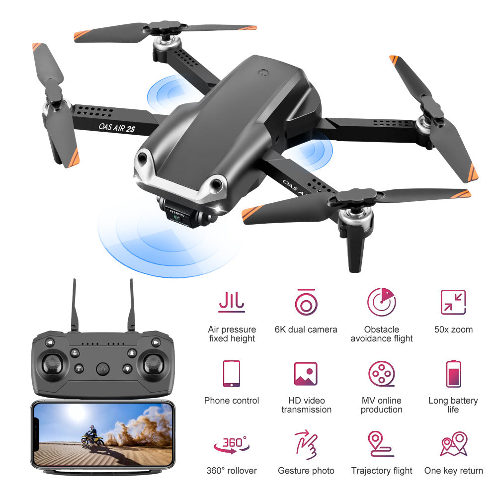 Black folding 4K dual camera drone with remote control and propellers extended for flight — view 4
