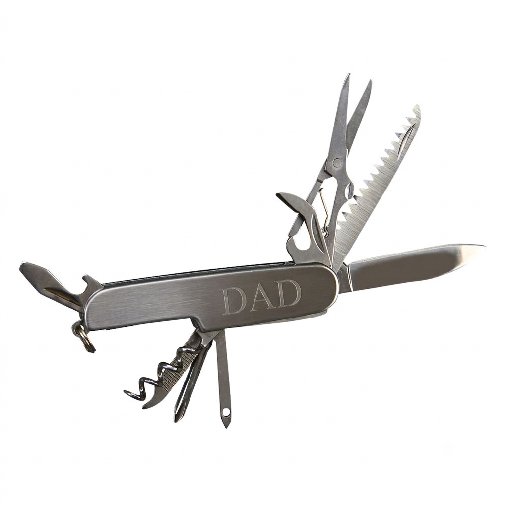 Folding 9-tool pocket knife in brushed stainless steel, displayed with its sleek black gift box. — view 3