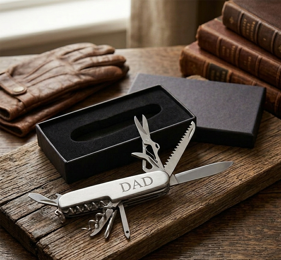 Folding 9-tool pocket knife in brushed stainless steel, displayed with its sleek black gift box. — view 4