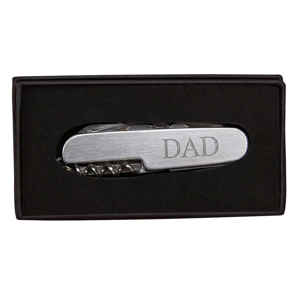 Folding 9-tool pocket knife in brushed stainless steel, displayed with its sleek black gift box. — view 2