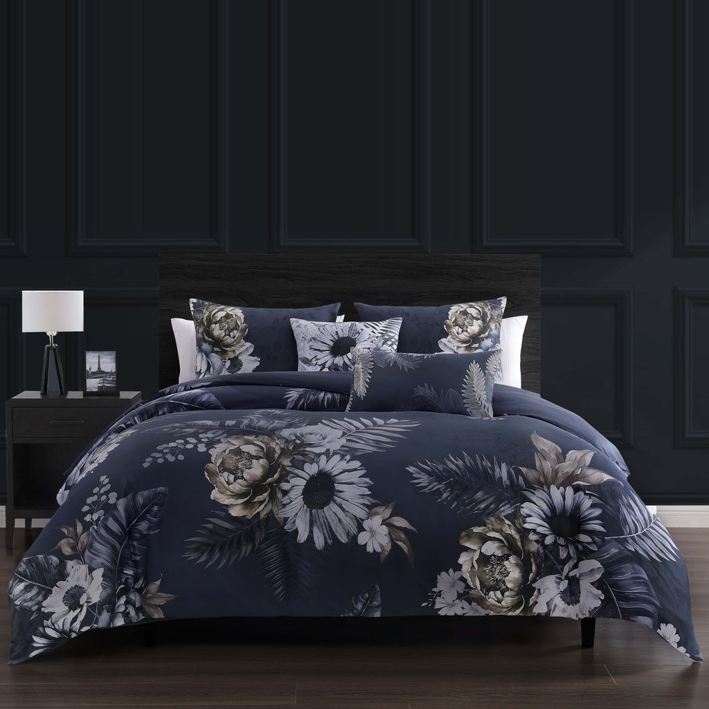 Dark blue floral reversible 5-piece cotton comforter set with matching shams and decorative pillows