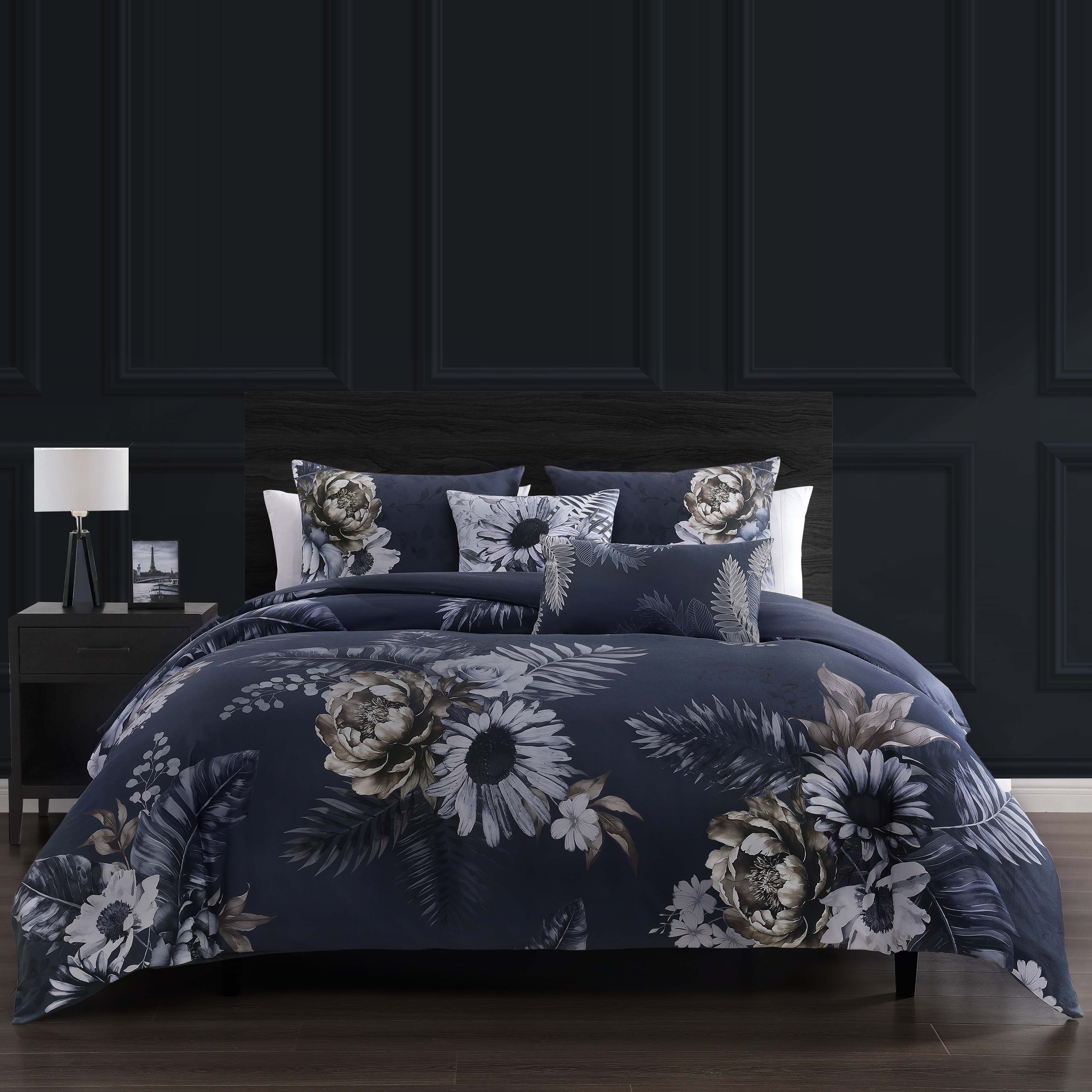 Dark blue floral reversible 5-piece cotton comforter set with matching shams and decorative pillows