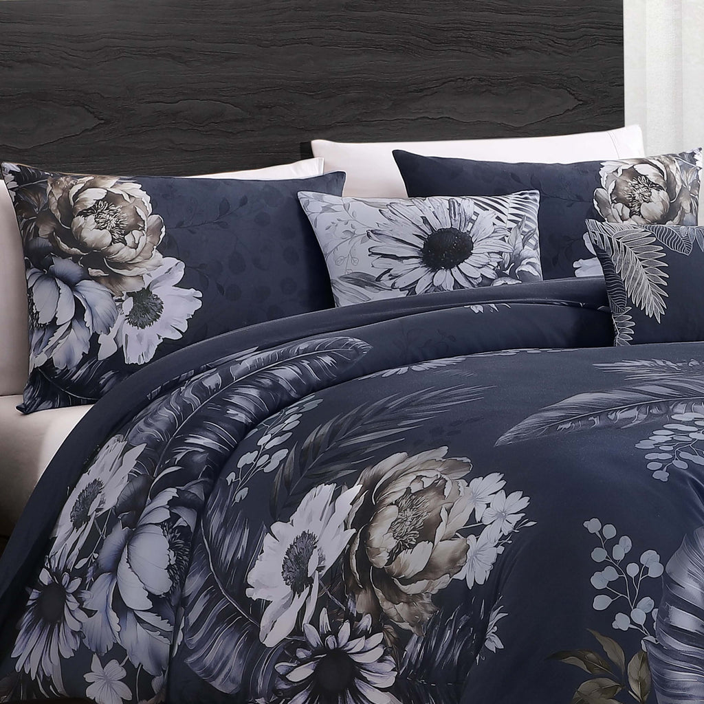 Dark blue floral reversible 5-piece cotton comforter set with matching shams and decorative pillows — view 3