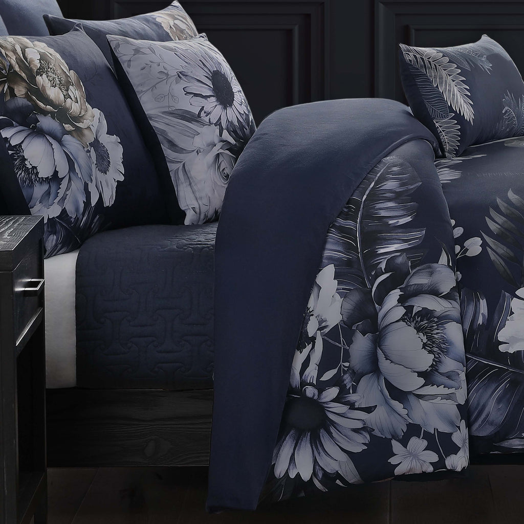 Dark blue floral reversible 5-piece cotton comforter set with matching shams and decorative pillows — view 4