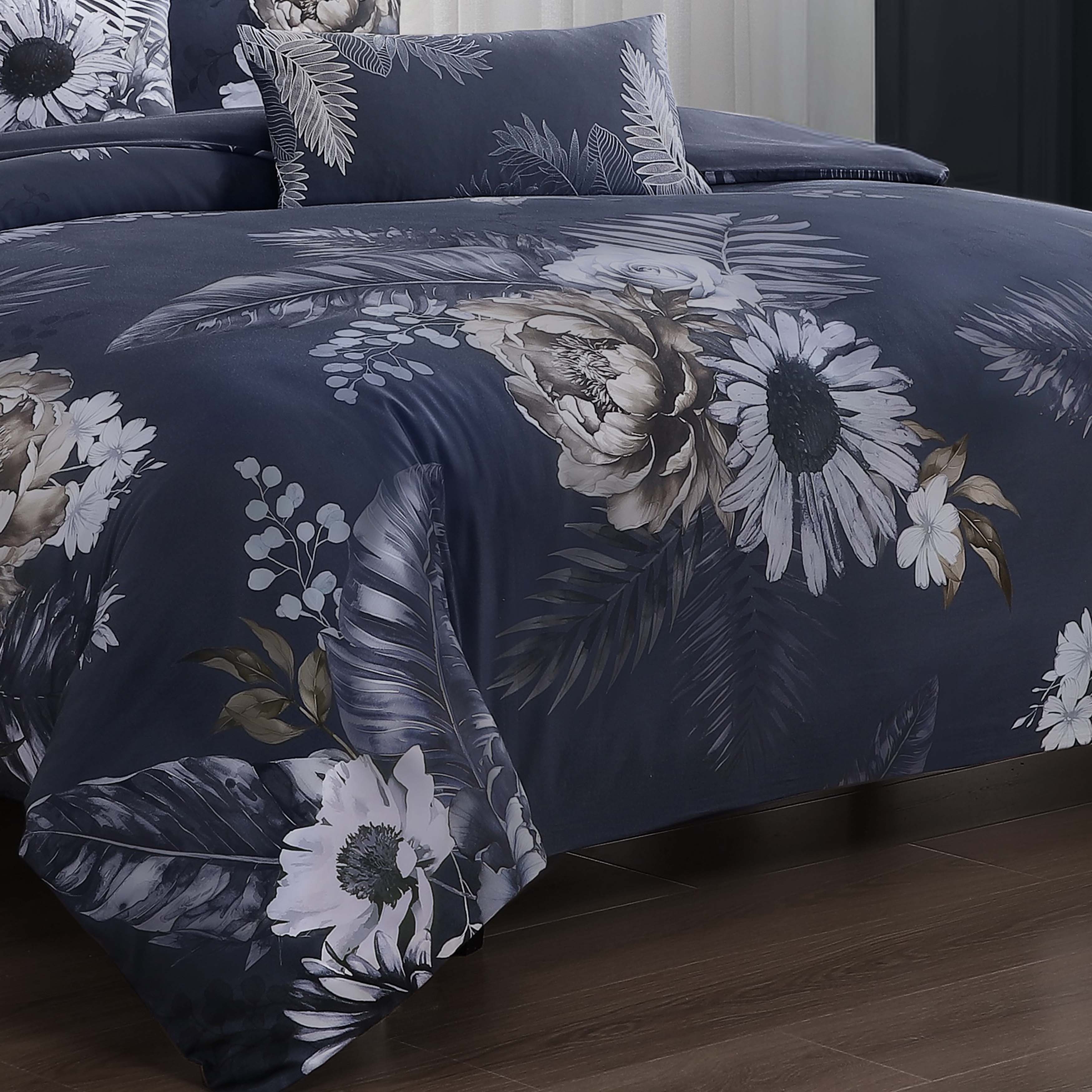 Dark blue floral reversible 5-piece cotton comforter set with matching shams and decorative pillows — view 5