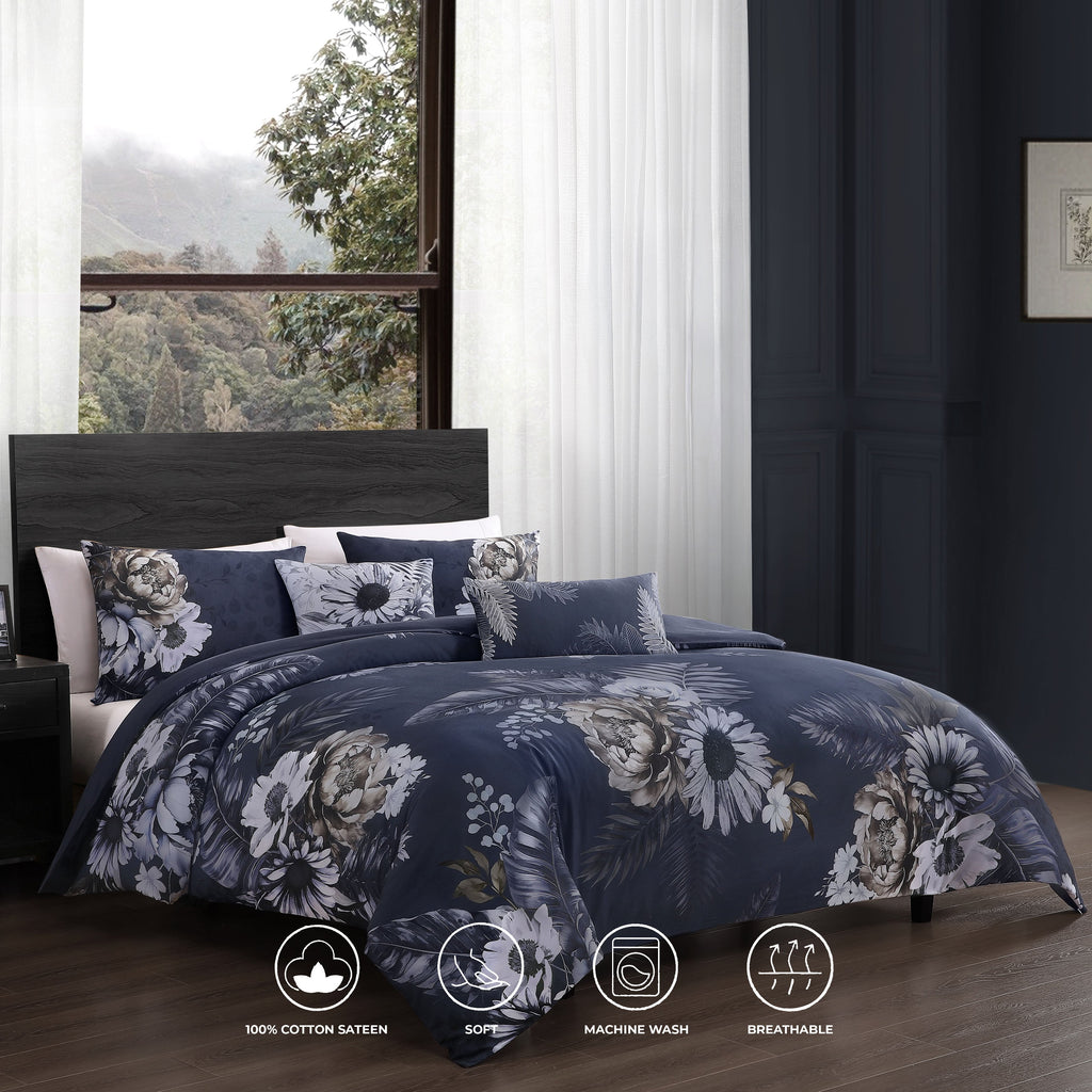 Dark blue floral reversible 5-piece cotton comforter set with matching shams and decorative pillows — view 2