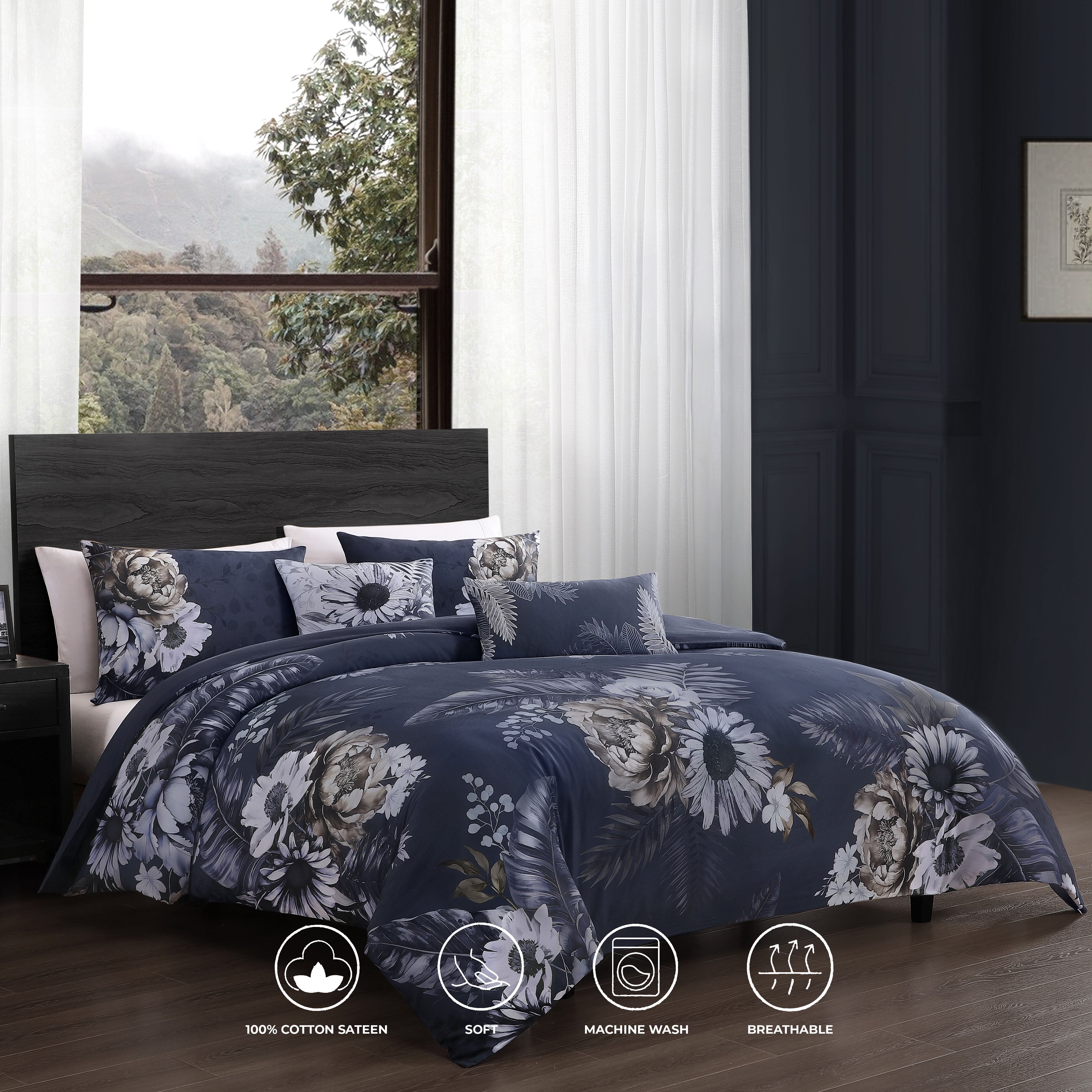 Dark blue floral reversible 5-piece cotton comforter set with matching shams and decorative pillows — view 2
