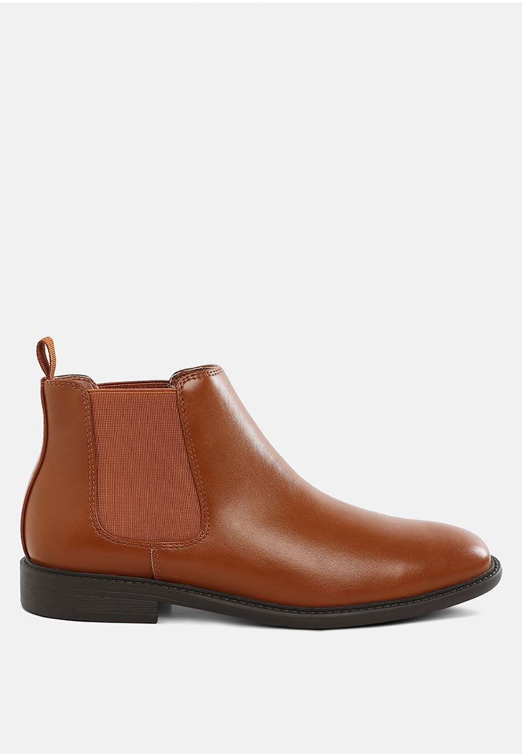 Men's faux leather Chelsea boots with elasticated side gussets, front pull tabs, and low block heel