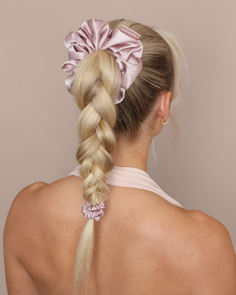 Large pink 100 percent mulberry silk scrunchie for damage free hair styling and secure everyday hold — view 5