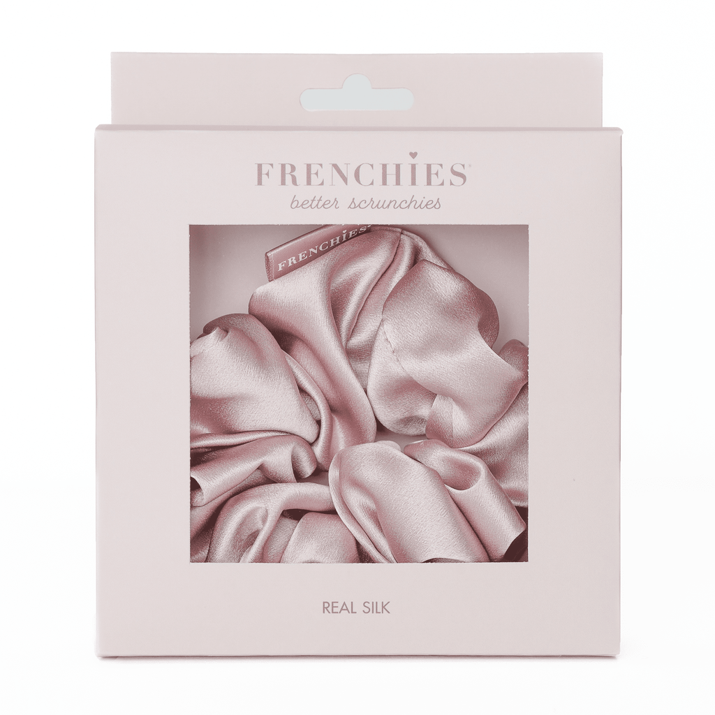 Large pink 100 percent mulberry silk scrunchie for damage free hair styling and secure everyday hold