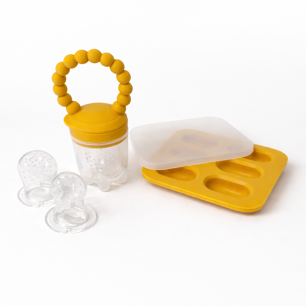 Silicone fresh food baby teether with interchangeable teats secure lid and mini freezing tray