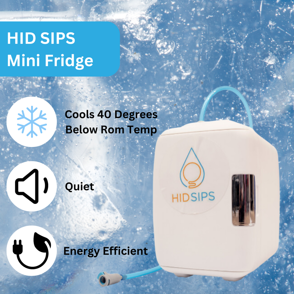 Compact matte desktop water dispenser and mini fridge combo with filtration system and tubing — view 2