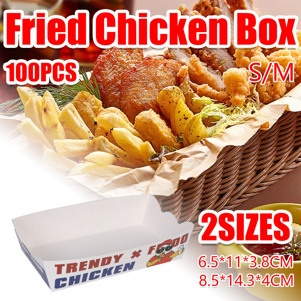 Disposable paper snack boxes holding fried food, oil-proof open-top food packaging container design.