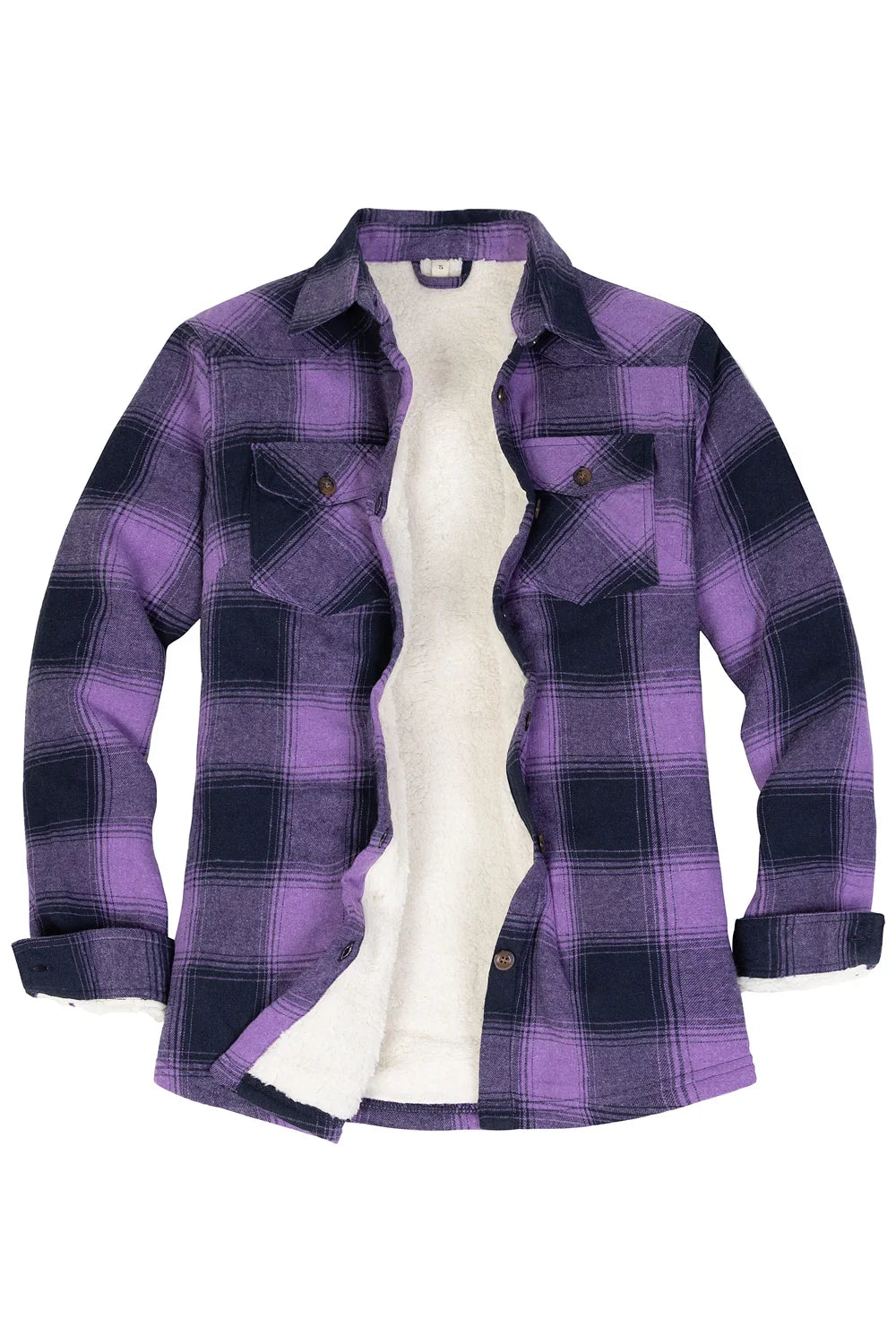 Women's sherpa lined cotton-blend flannel shirt jacket with button down front and utility pockets — view 2