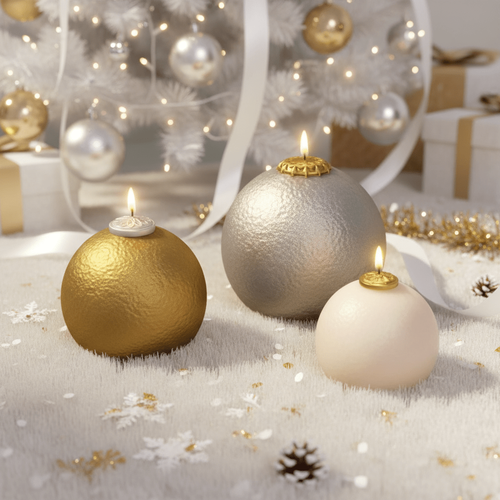 Vintage hammered texture Christmas bauble silicone candle mold with ornament cap details. — view 2